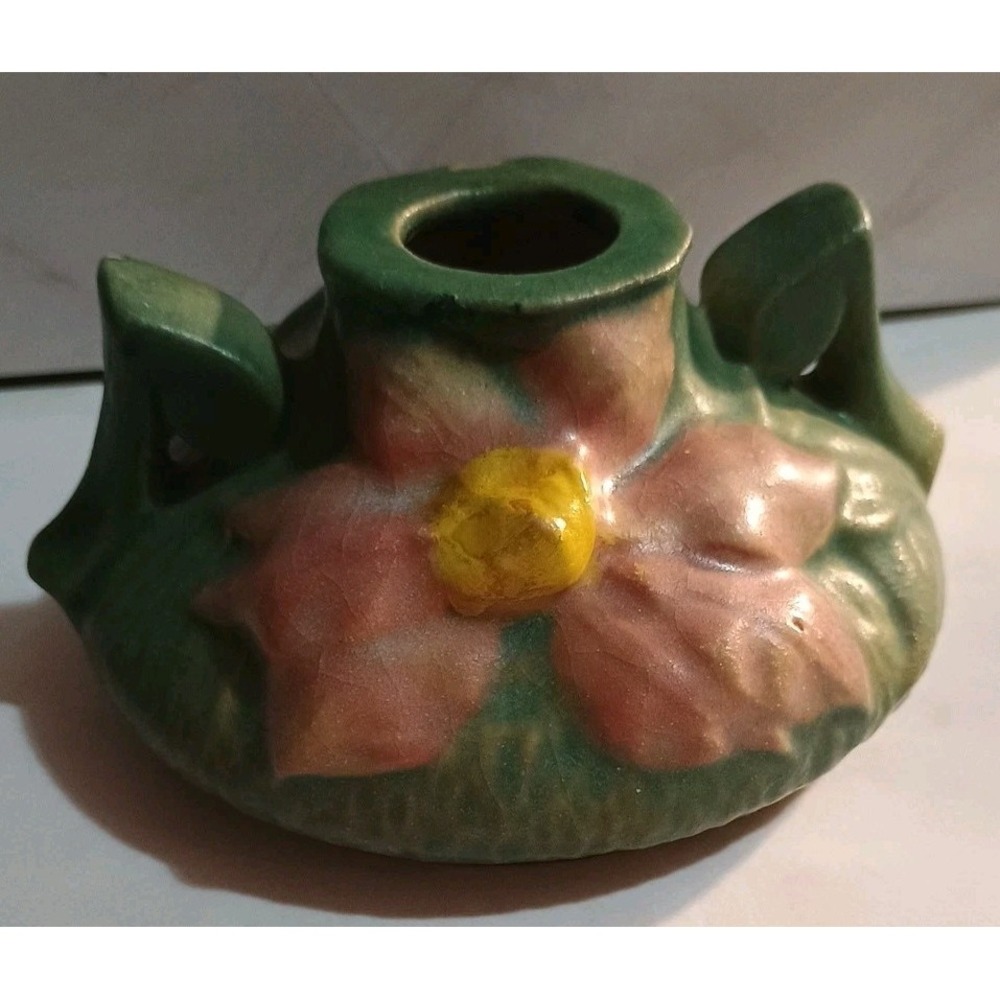 Roseville Pottery‎ Clematis Candle Holder Green Blue Matte Floral 1153 Chip